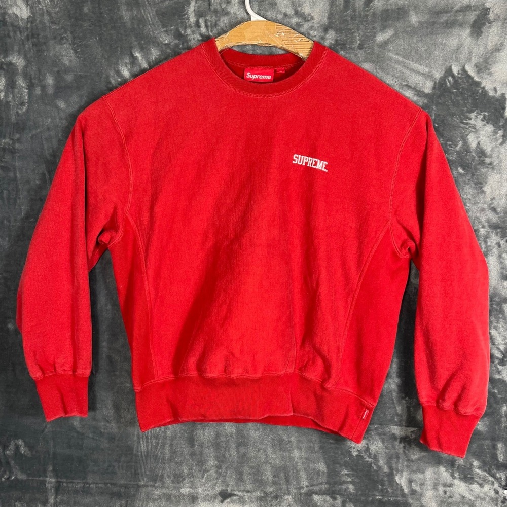 Supreme Mens Red Fleece Crewneck Sweatshirt Embroidered Logo Size Medium